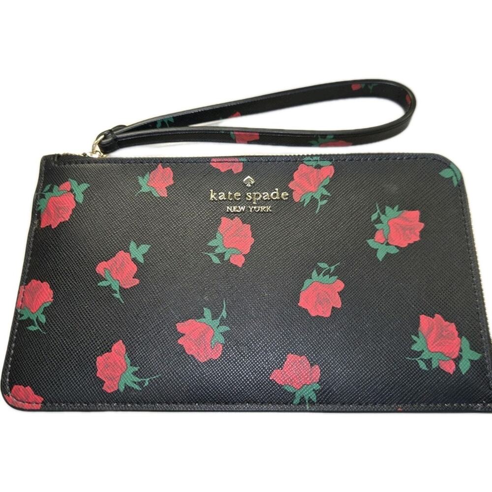 Kate Spade Black Rose Floral Wristlet | Saffiano Leather Zip Clutch